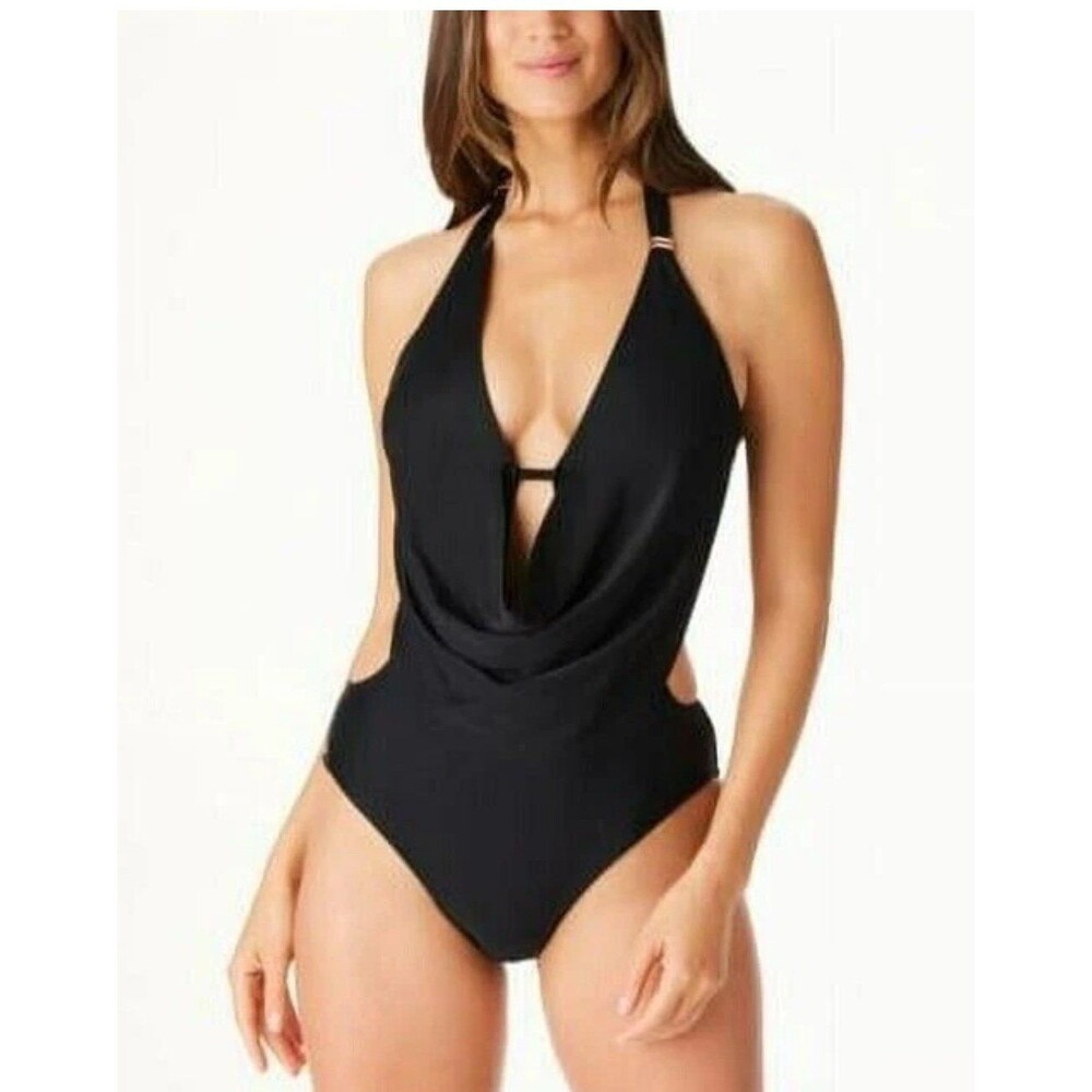 Bar III Women's Solid Cowlneck Sides Cutouts One-Piece Swimsuit